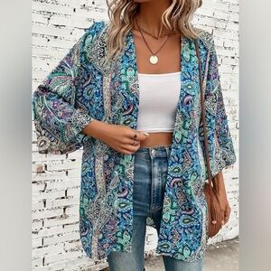 New Tribal Paisley Print Cover Up Long Sleeves Beach Kimono Open Front Cardigan